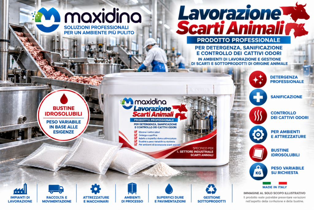 Maxidina Lavorazione Scarti Animali – Detergenza, Sanificazione e Controllo degli Odori
